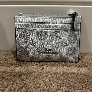 Coach Metallic Silver Signature Card Holder with Zip